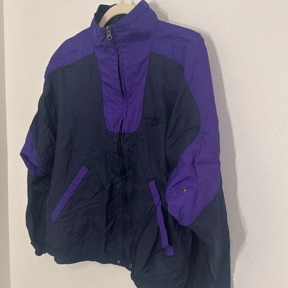 NIKE Vintage Bomber Jacket Nylon Navy/Purple Lined Zipper Front Size Medium